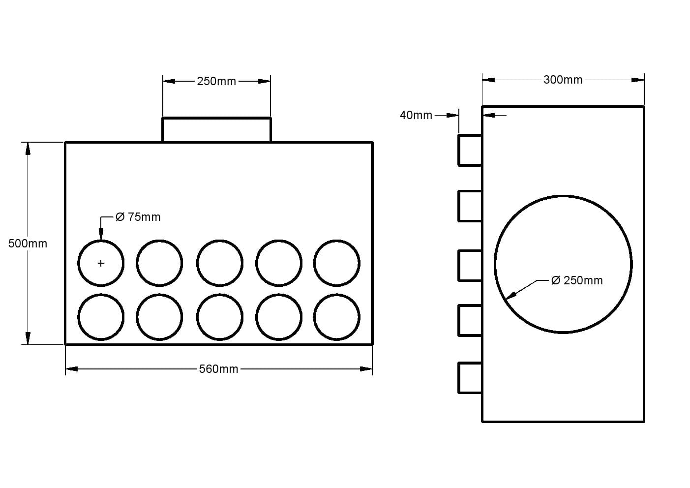 Intelmann Verteilerkasten, 1x DN250 Eingang, 10x DN75 Abgang, 2 Reihen á 5 Stück einseitig